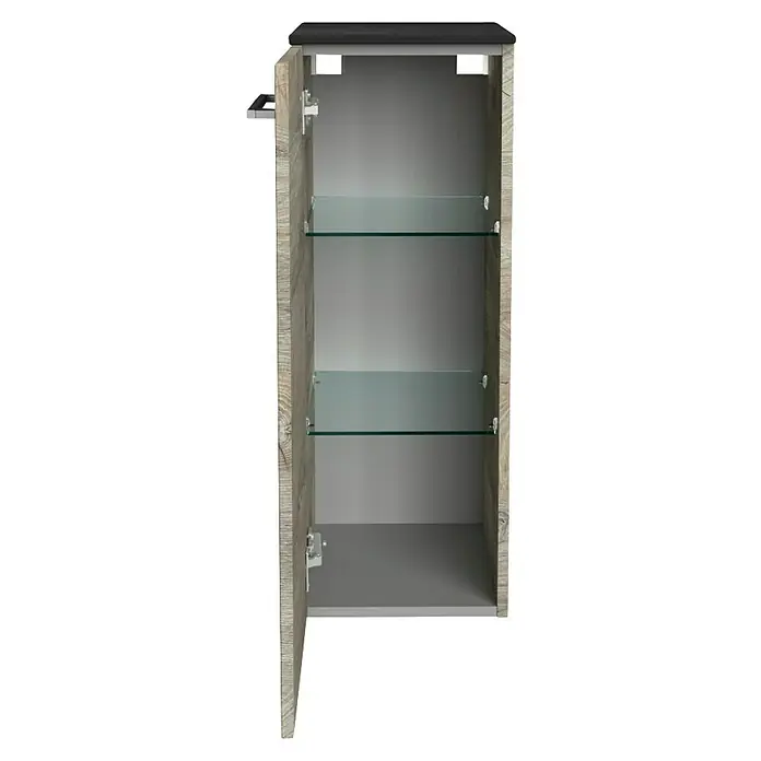 Fackelmann Oxford Hängeschrank - Nature Oak Holzoptik, B x T x H: 302 x 320 x 822 mm - Offener Hängeschrank mit Holztür, zwei Glasböden und grauer Innenausstattung, ideal für Badezimmer oder als stilvolles Stauraumelement.