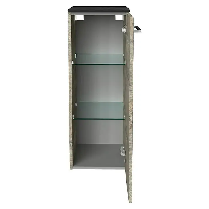 Fackelmann Oxford Hängeschrank - Nature Oak Holzoptik, B x T x H: 302 x 320 x 822 mm - Offener Hängeschrank mit zwei Glasböden und einer grauen Holztür mit silbernen Scharnieren vor einem schwarzen Hintergrund.