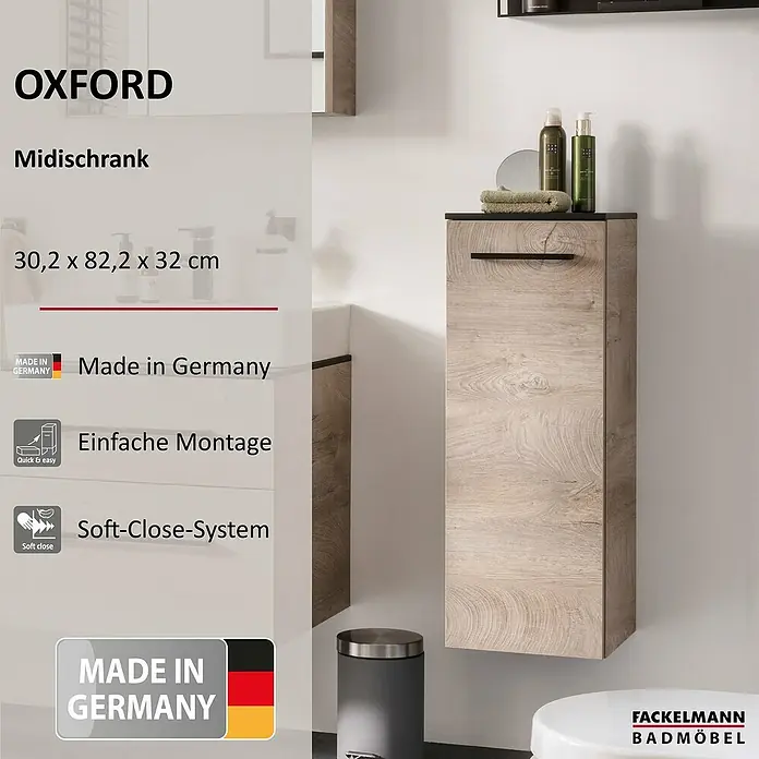 Fackelmann Oxford Hängeschrank - Nature Oak Holzoptik, B x T x H: 302 x 320 x 822 mm - Abbildung eines Oxford Midischranks in Holzoptik. Das Produkt ist in Deutschland hergestellt und verfügt über ein Soft-Close-System.