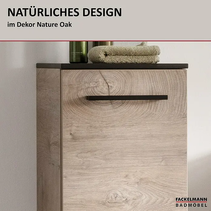 Fackelmann Oxford Hängeschrank - Nature Oak Holzoptik, B x T x H: 302 x 320 x 822 mm - Detailaufnahme eines Fackelmann Badmöbels im Natur Oak Design, das natürliche Ästhetik und moderne Funktionalität vereint.