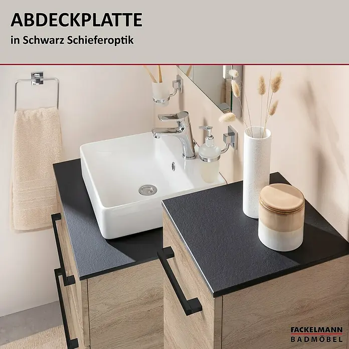 Fackelmann Oxford Hängeschrank - Nature Oak Holzoptik, B x T x H: 302 x 320 x 822 mm - Waschbeckenunterschrank mit Abdeckplatte in Schwarz Schieferoptik. Das moderne Design passt perfekt in jedes Badezimmer.
