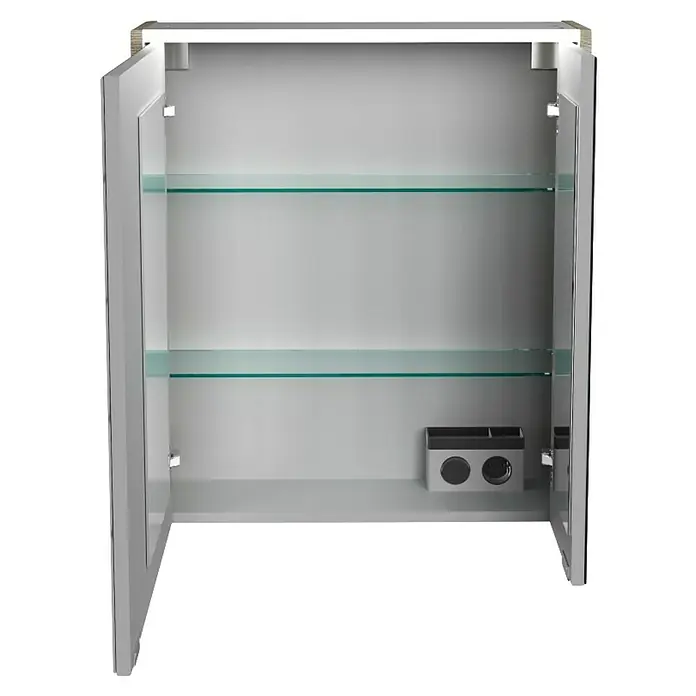 Fackelmann Denver Spiegelschrank - B x H: 600 x 683 mm, Eiche Natur - Aufnahme eines offenen Spiegelschranks mit zwei Glasböden und einem Halter für Badutensilien.