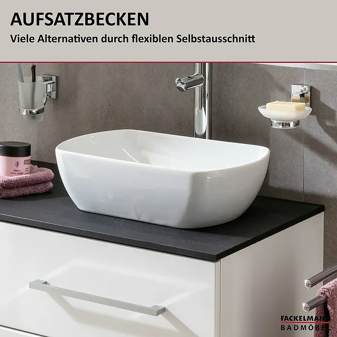 Fackelmann Oxford Waschtischplatte - Schwarz Schieferoptik, B x T x S: 606 x 492 x 12 mm - Aufsatzbecken im Fokus: Elegantes, weißes Aufsatzbecken auf dunkler Oberfläche, Teil eines modernen Badmöbelensembles. Funktionell und stilvoll.