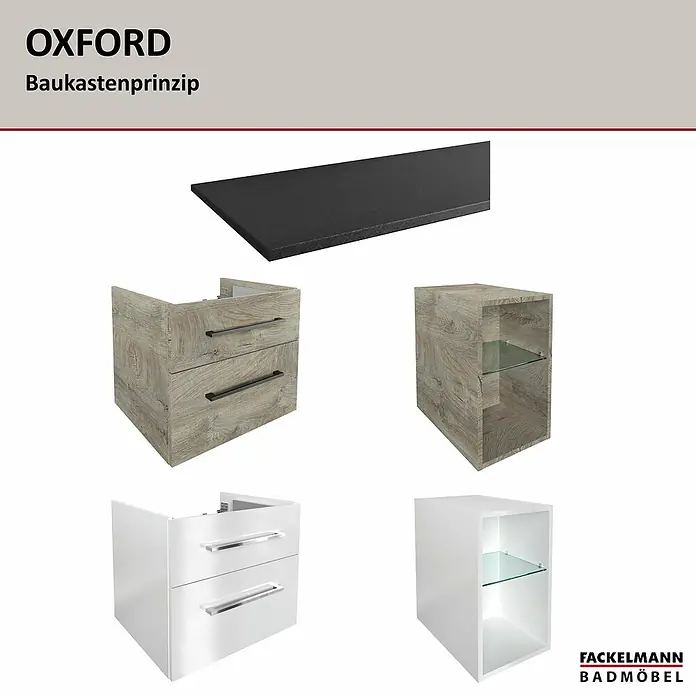 Fackelmann Oxford Waschtischplatte - Schwarz Schieferoptik, B x T x S: 606 x 492 x 12 mm - Oxford Badezimmermöbel: Das Bild zeigt eine Auswahl an Waschbeckenunterschränken und Regalen in verschiedenen Ausführungen und Farben.