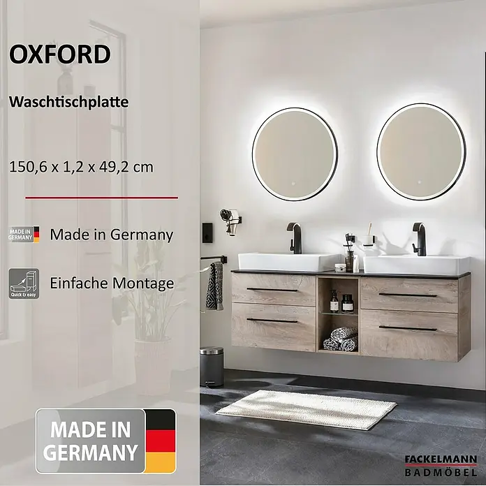 Fackelmann Oxford Waschtischplatte - Schwarz Schieferoptik, B x T x S: 1.506 x 492 x 12 mm - Bild von Oxford Waschtischplatte, 150,6 x 1,2 x 49,2 cm, Made in Germany, einfache Montage.