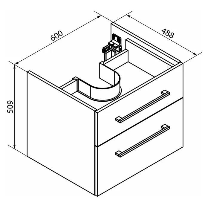 Fackelmann Oxford Waschtischunterschrank - Weiß, B x T x H: 600 mm x 488 cm x 509 mm - Abbildung eines Waschbeckenunterschranks mit zwei Schubladen und den Maßen 600 x 488 x 509 mm.