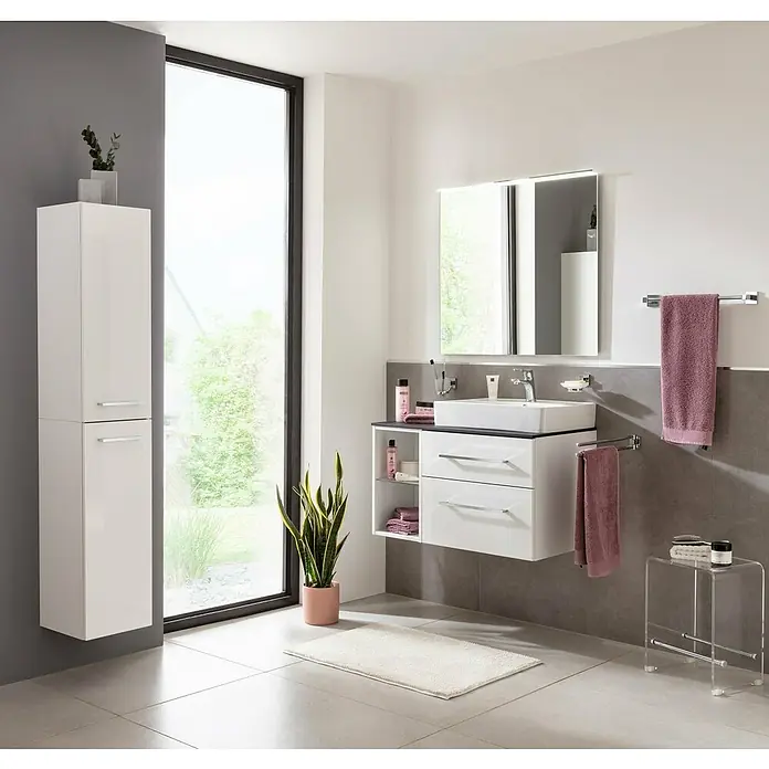 Fackelmann Oxford Waschtischunterschrank - Weiß, B x T x H: 600 mm x 488 cm x 509 mm - Modernes Badezimmer-Interieur mit einem weißen Waschtischunterschrank und einem passenden Hochschrank für ein stilvolles Ambiente.