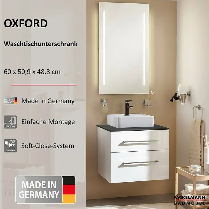 Fackelmann Oxford Waschtischunterschrank - Weiß, B x T x H: 600 mm x 488 cm x 509 mm - Bild eines weißen Oxford Waschtischunterschranks mit Spiegel und Beleuchtung, hergestellt in Deutschland, mit Soft-Close-System und einfacher Montage.