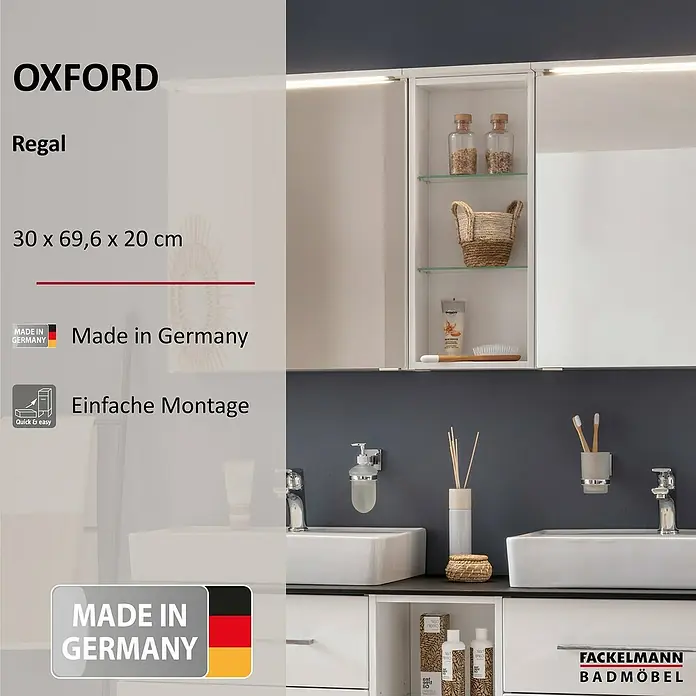 Fackelmann Oxford Bad-Wandregal - Weiß, B x T x H: 300 x 200 x 696 mm - Produktansicht des weißen Oxford-Badezimmerschranks mit Regal, Abmessungen 30 x 69,6 x 20 cm, hergestellt in Deutschland, einfache Montage.