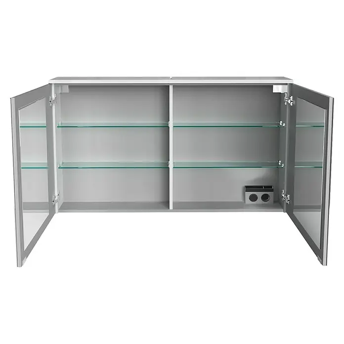 Fackelmann Oxford LED-Spiegelschrank - Weiß, B x T x H: 1.202 x 200 x 700 mm - Abbildung eines offenen weißen Badezimmerschranks mit zwei Regalen und einer Steckdose. Ideal für die Aufbewahrung von Badartikeln.