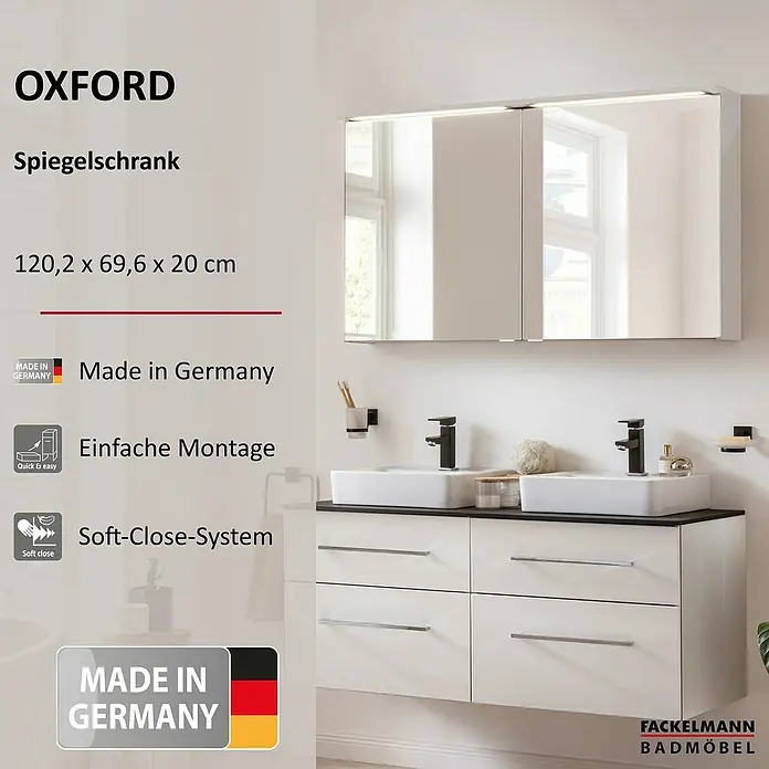 Fackelmann Oxford LED-Spiegelschrank - Weiß, B x T x H: 1.202 x 200 x 700 mm - Produktbild: Oxford Spiegelschrank mit Soft-Close-System, einfache Montage und Made in Germany. Abmessungen: 120,2 x 69,6 x 20 cm.