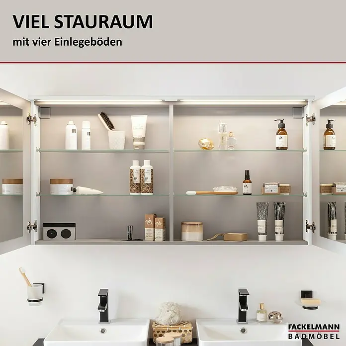 Fackelmann Oxford LED-Spiegelschrank - Weiß, B x T x H: 1.202 x 200 x 700 mm - Viel Stauraum im Bad: Spiegelschrank mit vier Einlegeböden. Kosmetikartikel und Badutensilien sind ordentlich verstaut.