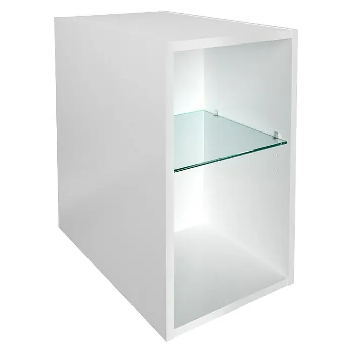 Fackelmann Oxford Bad-Wandregal - Weiß, B x T x H: 300 x 509 x 487 mm - Aufnahme eines weißen, würfelförmigen Wandregals mit einem transparenten Glasregal im Inneren, ideal für moderne Wohnräume.