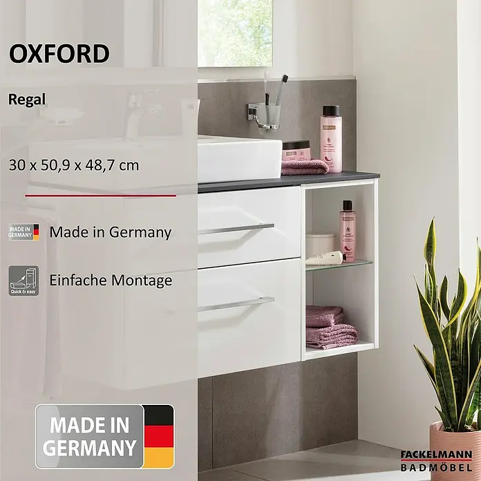 Fackelmann Oxford Bad-Wandregal - Weiß, B x T x H: 300 x 509 x 487 mm - Produktabbildung des Oxford Regal Waschtischunterschrank mit den Maßen 30 x 50,9 x 48,7 cm, hergestellt in Deutschland und einfach zu montieren.