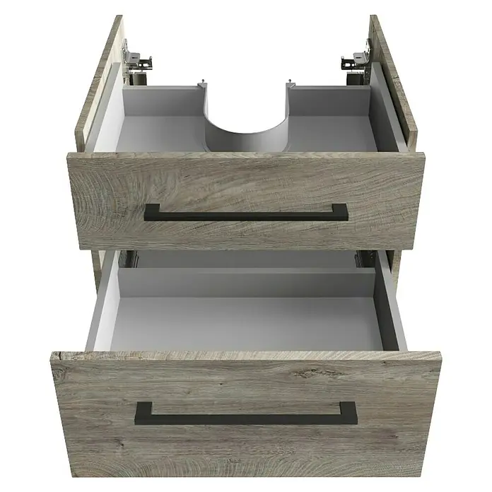 Fackelmann Oxford Waschtischunterschrank - Nature Oak Holzoptik, B x T x H: 600 x 488 x 509 mm - Ein offener Waschtischunterschrank mit zwei Schubladen und modernen schwarzen Griffen. Das Holz hat eine natürliche Maserung.