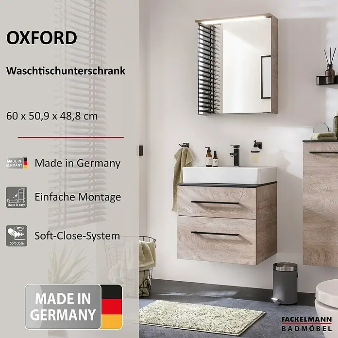 Fackelmann Oxford Waschtischunterschrank - Nature Oak Holzoptik, B x T x H: 600 x 488 x 509 mm - Das Bild zeigt einen modernen Oxford Waschtischunterschrank in Holzoptik mit einem Aufsatzwaschbecken und einem Spiegelschrank.