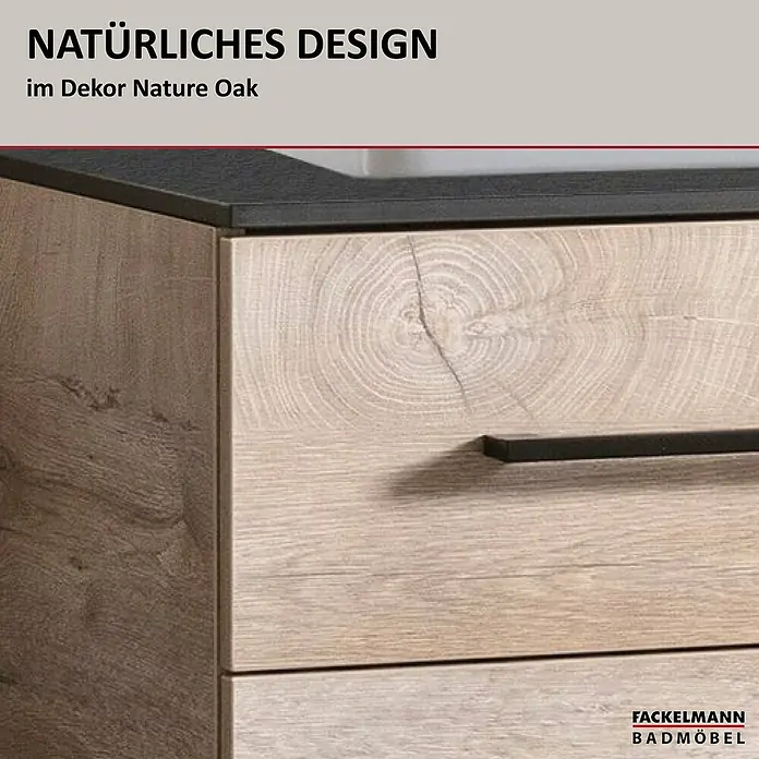 Fackelmann Oxford Waschtischunterschrank - Nature Oak Holzoptik, B x T x H: 600 x 488 x 509 mm - Detailansicht eines Fackelmann Badmöbels im Natur Oak Dekor, das natürliches Design und hochwertige Verarbeitung vereint.