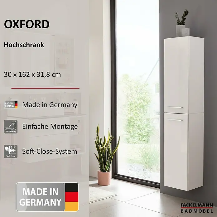 Fackelmann Oxford Hochschrank - Weiß, B x T x H: 300 x 318 x 1.620 mm - Das Bild zeigt einen weißen Oxford Hochschrank mit den Maßen 30 x 162 x 31,8 cm, hergestellt in Deutschland, mit Soft-Close-System und einfacher Montage.