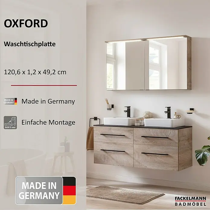 Fackelmann Oxford Waschtischplatte - Schwarz Schieferoptik, B x T x S: 1.206 x 492 x 12 mm - Produktbild des Badezimmermöbel-Sets Oxford mit Waschtischplatte, Spiegelschrank und Unterschrank in Holzoptik.