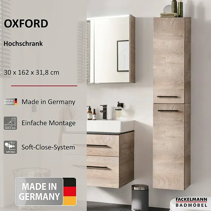Fackelmann Oxford Hochschrank - Nature Oak Holzoptik, B x T x H: 300 x 318 x 1.620 mm - Produktbild eines Fackelmann Hochschranks namens Oxford in Holzoptik. Abgebildet sind Waschbecken und Spiegelschrank.