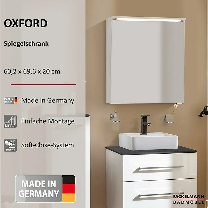 Fackelmann Oxford LED-Spiegelschrank - Weiß, B x T x H: 602 x 200 x 700 mm - Bild eines weißen Spiegelschranks mit der Aufschrift Oxford und der Marke Fackelmann Badmöbel.