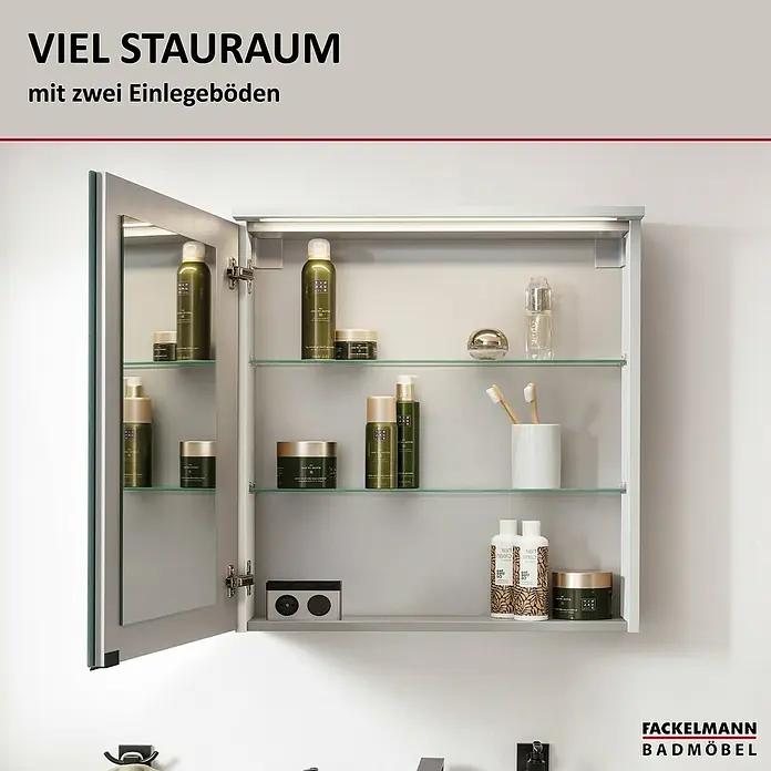 Fackelmann Oxford LED-Spiegelschrank - Weiß, B x T x H: 602 x 200 x 700 mm - Ein geräumiger Spiegelschrank von Fackelmann Badmöbel mit zwei Einlegeböden bietet viel Stauraum für Badutensilien.