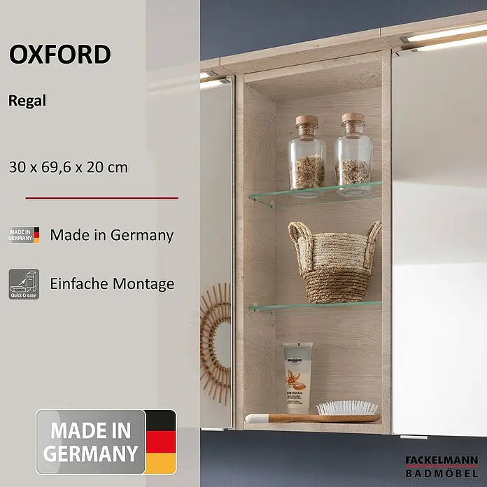 Fackelmann Oxford Bad-Wandregal - Nature Oak Holzoptik, B x T x H: 300 x 200 x 696 mm - Abgebildet ist der Oxford Regal Badschrank mit Spiegel, Ablagen und Deko-Elementen, der mit einfacher Montage überzeugt und in Deutschland gefertigt wird.