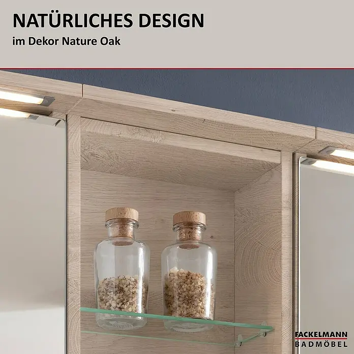 Fackelmann Oxford Bad-Wandregal - Nature Oak Holzoptik, B x T x H: 300 x 200 x 696 mm - Natürliches Design Badezimmermöbel im Dekor Nature Oak mit Gläsern auf einem Glasregal.