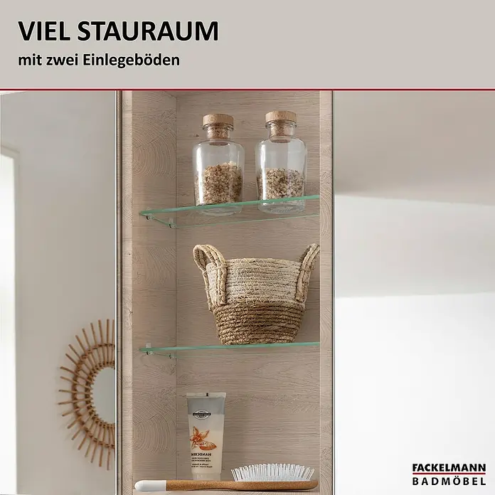 Fackelmann Oxford Bad-Wandregal - Nature Oak Holzoptik, B x T x H: 300 x 200 x 696 mm - Produktaufnahme eines Fackelmann Badezimmerschranks mit viel Stauraum und zwei Einlegeböden.