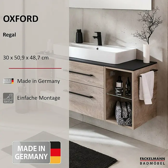 Fackelmann Oxford Bad-Wandregal - Nature Oak Holzoptik, B x T x H: 300 x 509 x 487 mm - Das Bild zeigt einen modernen Waschtisch "Oxford" mit Schubladen und offenem Regal, ideal für Badezimmer.