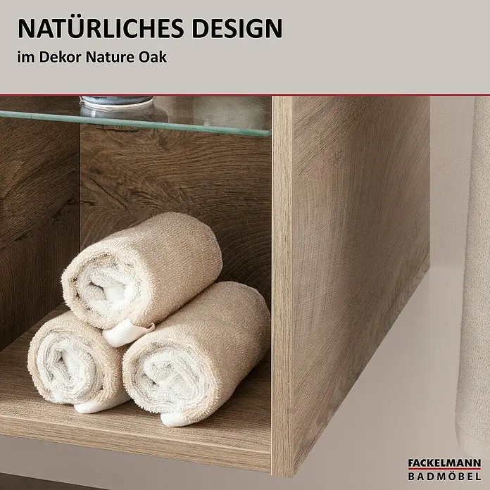 Fackelmann Oxford Bad-Wandregal - Nature Oak Holzoptik, B x T x H: 300 x 509 x 487 mm - Ein Badezimmerregal im Natur-Eiche-Dekor mit gerollten Handtüchern. Natürliches Design für ein stilvolles Bad.\n
