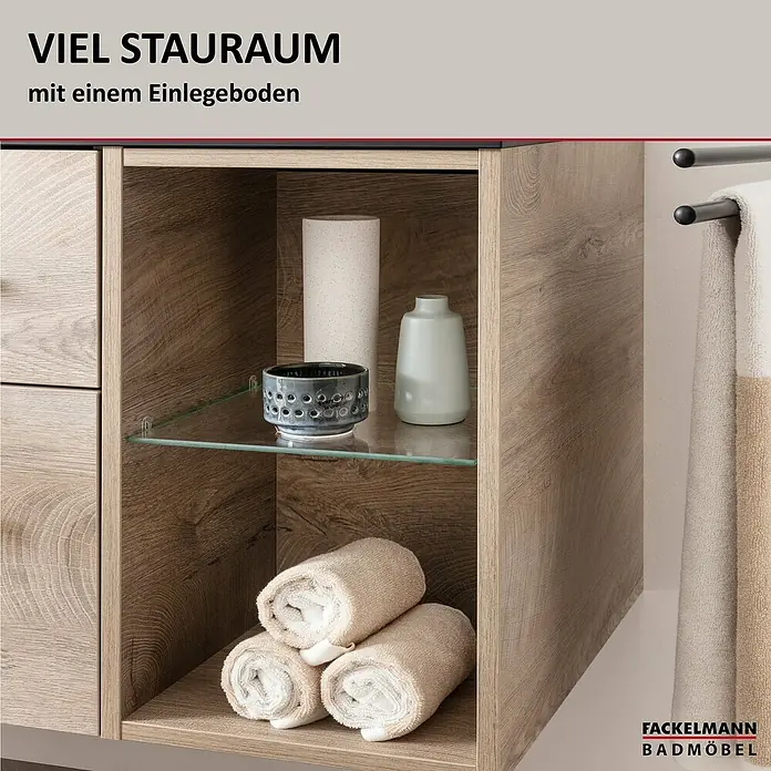Fackelmann Oxford Bad-Wandregal - Nature Oak Holzoptik, B x T x H: 300 x 509 x 487 mm - Bild eines Badezimmerschranks mit viel Stauraum und einem Einlegeboden für Handtücher und Dekorationsartikel.