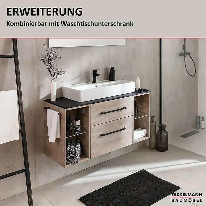 Fackelmann Oxford Bad-Wandregal - Nature Oak Holzoptik, B x T x H: 300 x 509 x 487 mm - Das Bild zeigt ein modernes Badezimmer-Waschbeckenunterschrank-Set von Fackelmann Badmöbel, das durch sein stilvolles Design besticht.