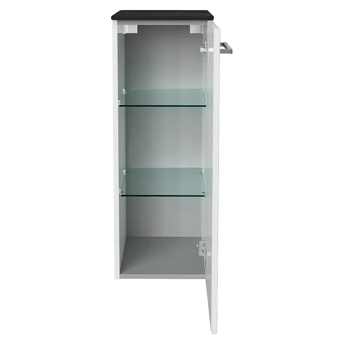 Fackelmann Oxford Hängeschrank - Weiß, B x T x H: 302 x 320 x 822 mm - Ein offener Badezimmerschrank in Weiß mit zwei Glasböden ist vor einem schwarzen Hintergrund abgebildet. Der Schrank hat oben eine schwarze Platte.