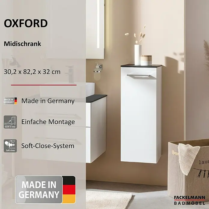 Fackelmann Oxford Hängeschrank - Weiß, B x T x H: 302 x 320 x 822 mm - Abbildung eines Badezimmerschranks Oxford in Weiß und Schwarz, hergestellt in Deutschland, mit Soft-Close-System für sanftes Schließen.