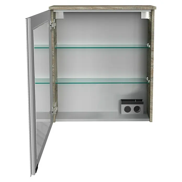 Fackelmann Oxford LED-Spiegelschrank - Nature Oak Holzoptik, B x T x H: 602 x 200 x 700 mm - Ein offener Spiegelschrank mit zwei Glasböden und einer Steckdosenleiste zur Aufbewahrung von Badutensilien. Das Gehäuse ist in Holzoptik gehalten.