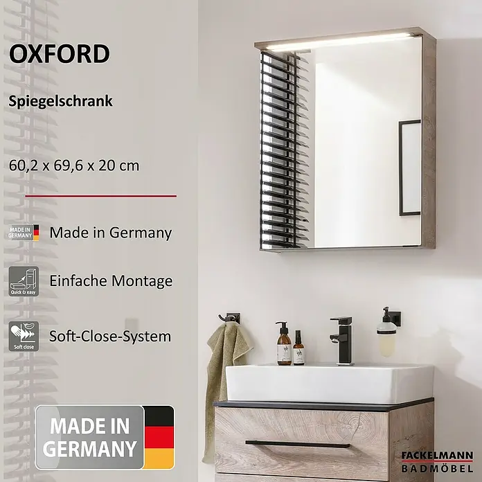 Fackelmann Oxford LED-Spiegelschrank - Nature Oak Holzoptik, B x T x H: 602 x 200 x 700 mm - Produktfoto von einem modernen Oxford Spiegelschrank mit LED-Beleuchtung und Soft-Close-System, ideal für jedes Badezimmer.
