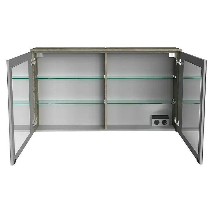 Fackelmann Oxford LED-Spiegelschrank - Nature Oak Holzoptik, B x T x H: 1.202 x 200 x 700 mm - Aufnahme eines geöffneten Spiegelschranks mit Glasböden, der viel Stauraum bietet und ein elegantes Design aufweist.
