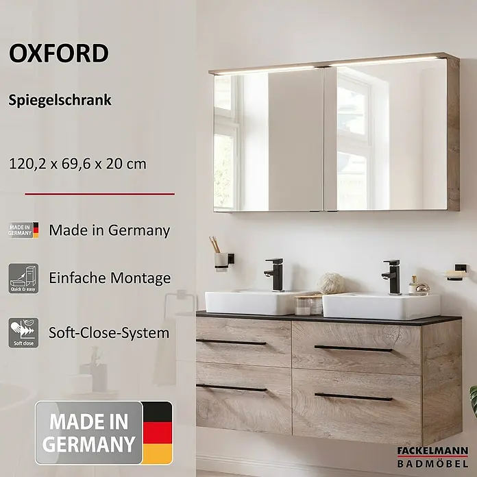Fackelmann Oxford LED-Spiegelschrank - Nature Oak Holzoptik, B x T x H: 1.202 x 200 x 700 mm - Das Bild zeigt einen Badezimmerspiegelschrank namens Oxford mit Unterschrank, Waschbecken und Armaturen in einem modernen Design.