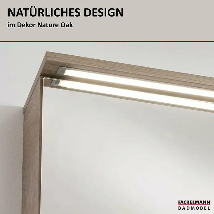 Fackelmann Oxford LED-Spiegelschrank - Nature Oak Holzoptik, B x T x H: 1.202 x 200 x 700 mm - Detailaufnahme eines Badezimmerschranks mit Natur-Eiche Dekor und integrierter Beleuchtung, das natürliche Design betont.