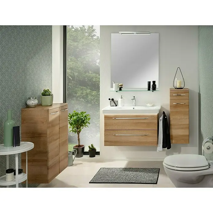 Fackelmann Wandspiegel - B x H: 80 x 90 cm - Modernes Badezimmer-Interieur mit Holzmöbeln, Waschbeckenunterschrank und Spiegelschrank. Elegantes Design für ein stilvolles Bad.