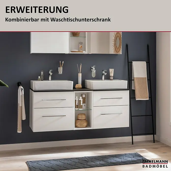 Fackelmann Oxford Bad-Wandregal - Weiß, B x T x H: 300 x 509 x 487 mm - Das Bild zeigt einen modernen Waschtischunterschrank von Fackelmann Badmöbel mit zwei Waschbecken und viel Stauraum.