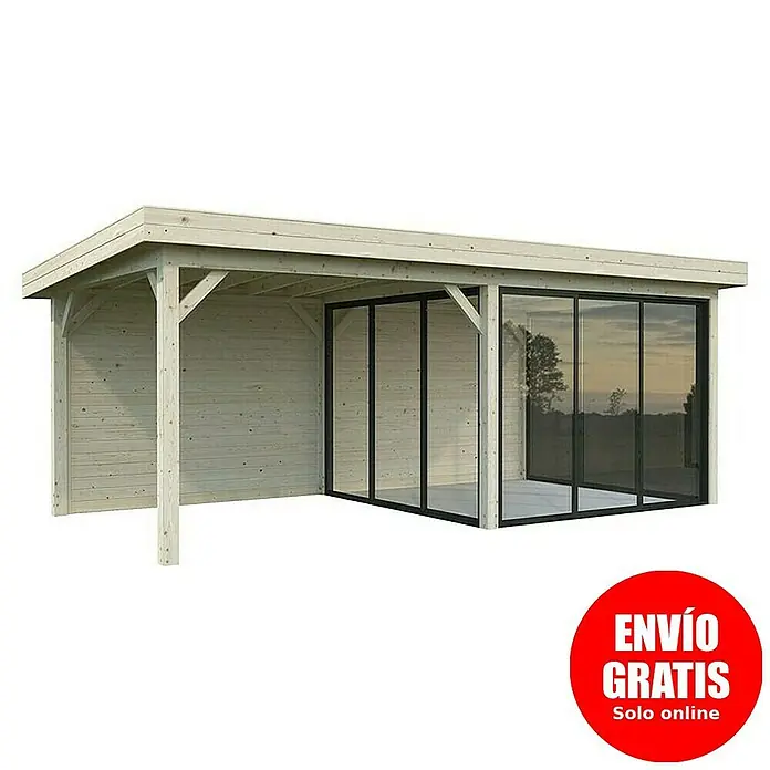 Palmako Caseta de jardín Lenna Set 706 Slide Plus - Medidas ext. (An x Pr): 628 x 340 cm, Madera, Natural - Esta imagen muestra una moderna caseta de jardín de madera con grandes puertas correderas de vidrio, que permiten mucha luz y vistas claras.