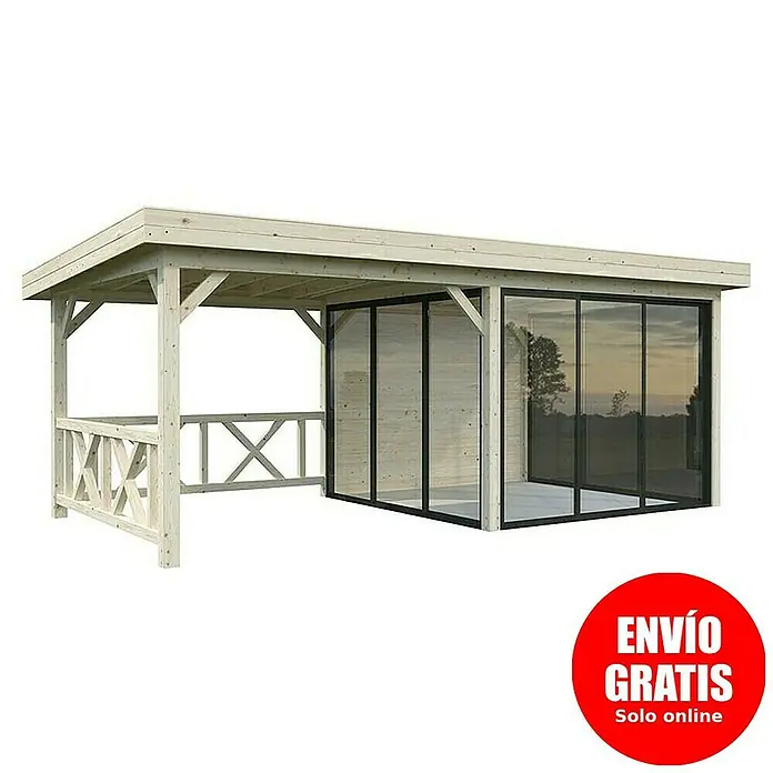 Palmako Caseta de jardín Lenna Set 404 Slide - Medidas ext. (An x Pr): 628 x 340 cm, Madera, Natural - Imagen de una caseta de jardín con puertas correderas. Tiene un techo de madera y un porche abierto.