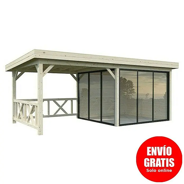 Palmako Caseta de jardín Lenna Set 403 Slide - Medidas ext. (An x Pr): 628 x 340 cm, Madera, Natural - Imagen de una glorieta de madera con elementos de vidrio y una zona abierta, ideal para el jardín.