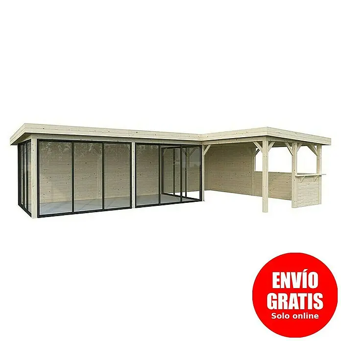 Palmako Caseta de jardín Lenna Set 721 Slide Plus - Medidas ext. (An x Pr): 916 x 628 cm, Madera, Natural - Imagen de un pabellón de madera clara con puertas correderas de cristal y una zona de bar abierta contigua para el jardín.