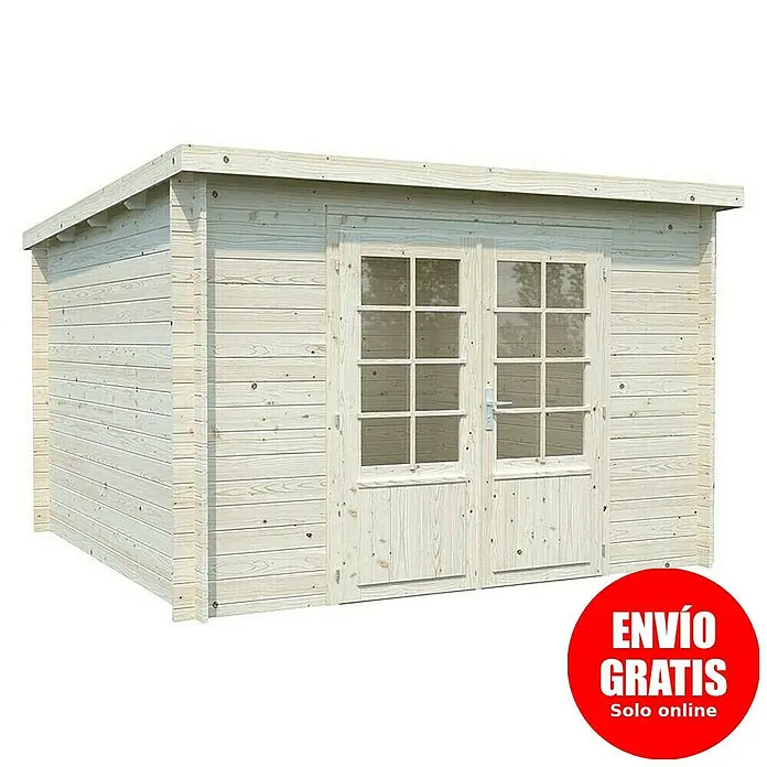 Palmako Caseta de jardín Ella - Medidas ext. (An x Pr): 323 x 340 cm, Madera, Natural - Imagen de una caseta de jardín de madera con puertas dobles y ventanas. Perfecta para el almacenamiento o como una habitación extra en el jardín.