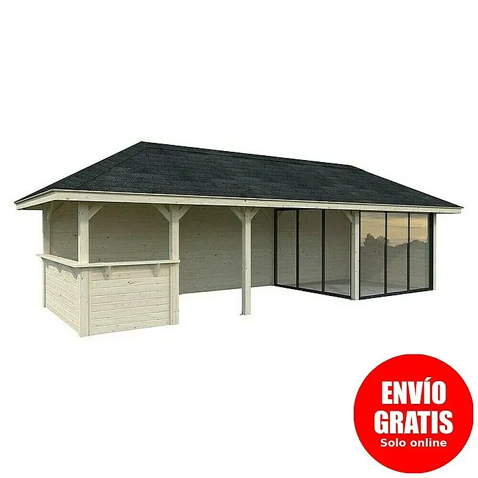 Palmako Caseta de jardín Bianca Set 515 Slide Plus - Medidas ext. (An x Pr): 960 x 384 cm, Madera, Natural - Imagen de un pabellón de madera con puertas correderas de cristal y una barra.