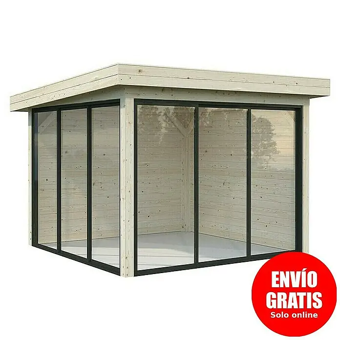 Palmako Caseta de jardín Lenna Set 701 Slide Plus - Medidas ext. (An x Pr): 340 x 340 cm, Madera, Natural - Imagen de una caseta de jardín de madera con paredes de cristal y marco negro, ideal para espacios exteriores.