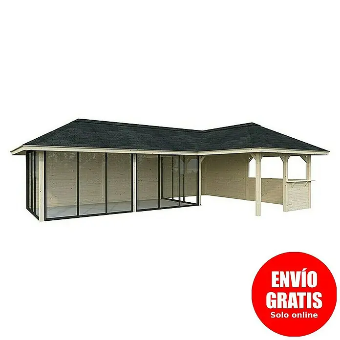 Palmako Caseta de jardín Bianca Set 521 Slide Plus - Medidas ext. (An x Pr): 960 x 672 cm, Madera, Natural - Imagen de un cenador de jardín con puertas correderas de cristal y zona de bar, ideal para exteriores.